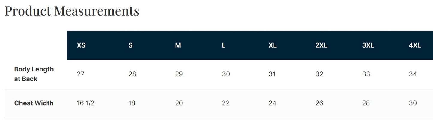Measurement chart for body length and chest width with size labels from XS to 4XL.