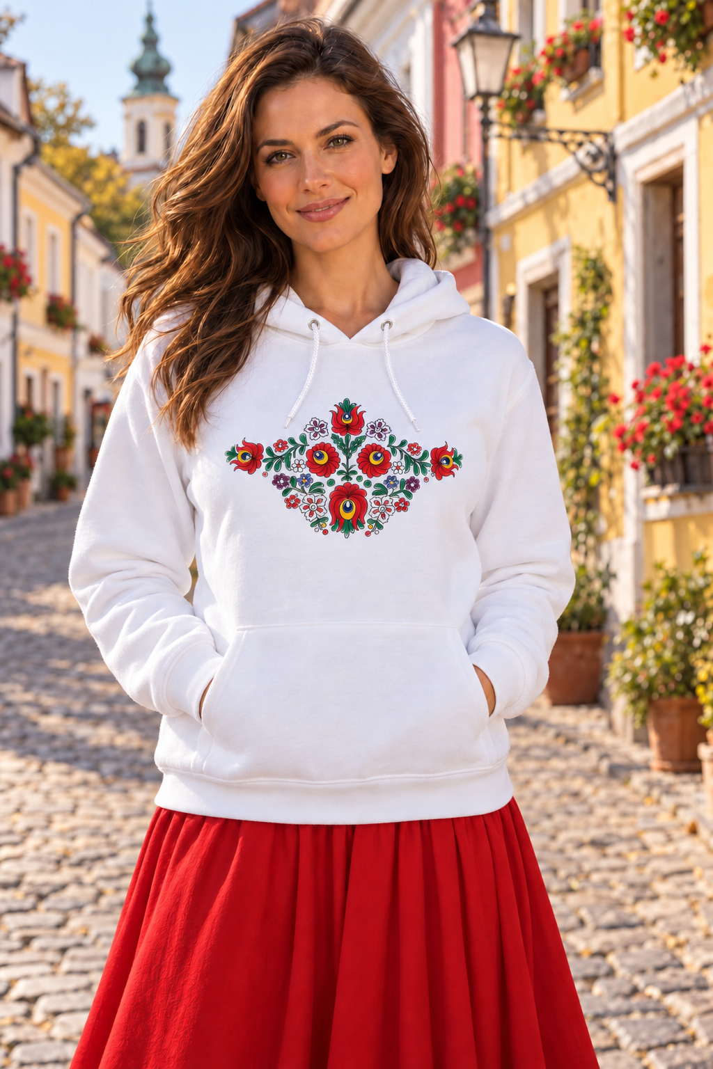 White hand-painted Matyó hoodie – front artwork