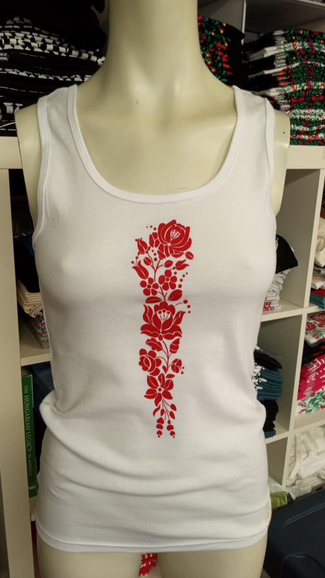 White Kalocsa tank with vertical red Hungarian floral design