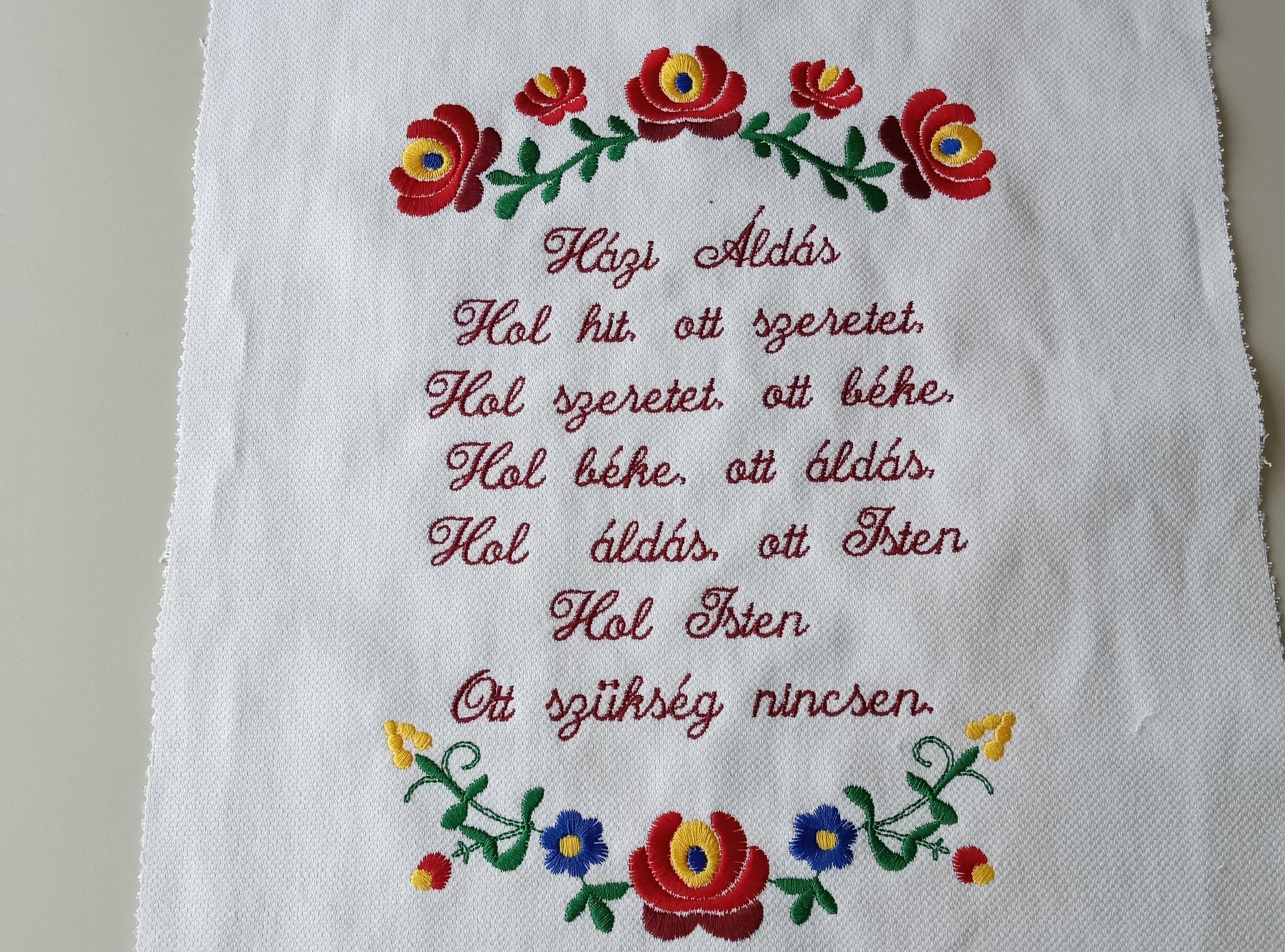 Hungarian house blessing embroidered with Matyo Flowers. 