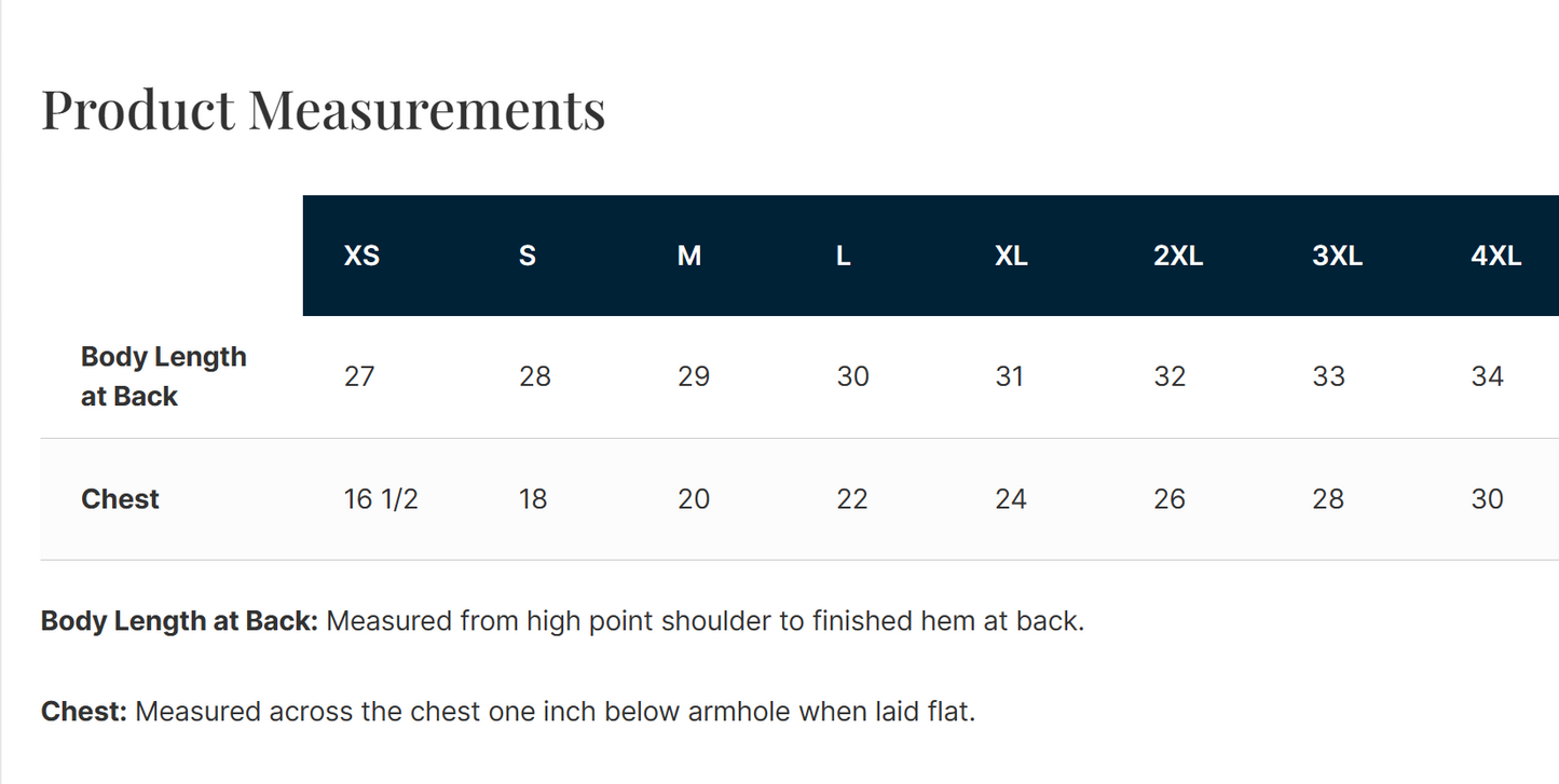 Bella Canvas unisex T-shirt size chart XS through 4XL with body length and chest measurements