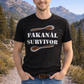 Clean-shaven male model wearing the original black Fakanál Survivor Hungarian T-shirt