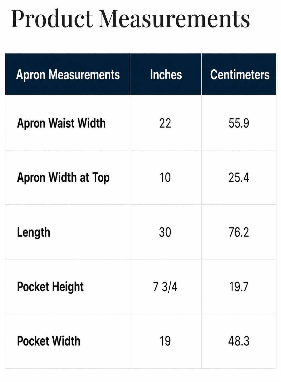 One-size Fakanal Survivor apron measurement chart with inches and centimeters columns