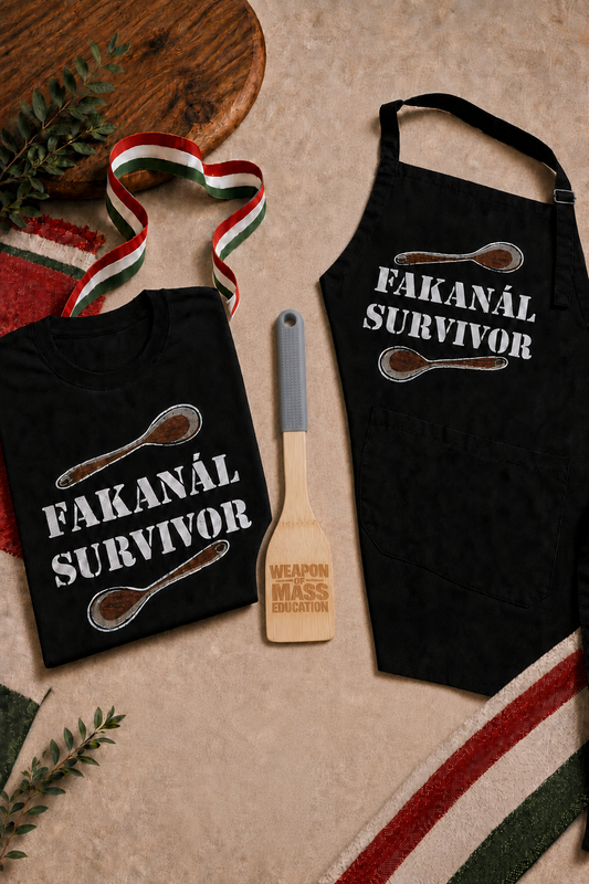 Fakanal Survivor Superpack with T-shirt, one-size apron, and Weapon of Mass Education wooden spoon on a light sand background