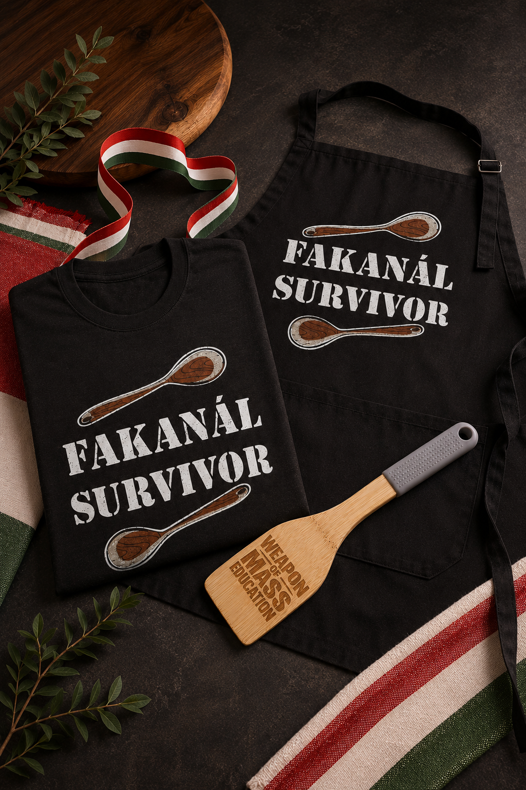 Fakanal Survivor Superpack portrait composition with shirt, apron and Weapon of Mass Education Fakanal