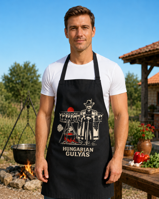 Fit male cook wearing Magyar Apparel Gulyas apron outdoors