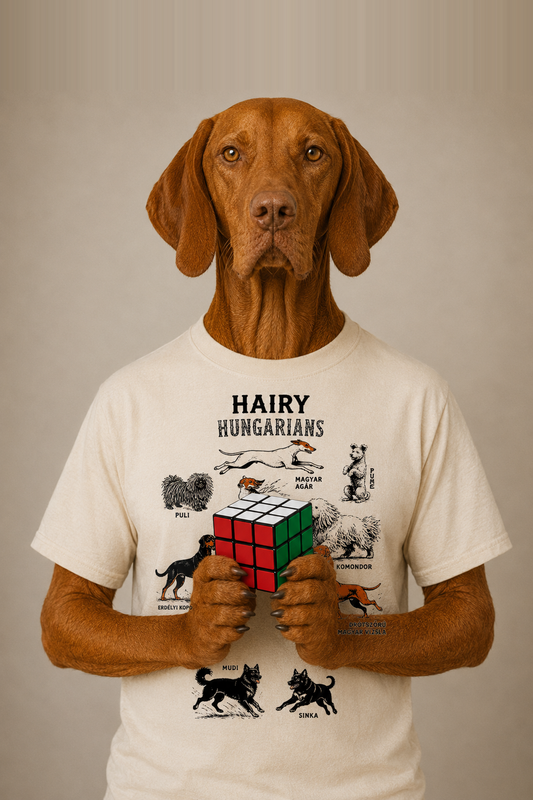 Hairy Hungarians 10 Hungarian Dog Breeds T-Shirt on Vizsla model