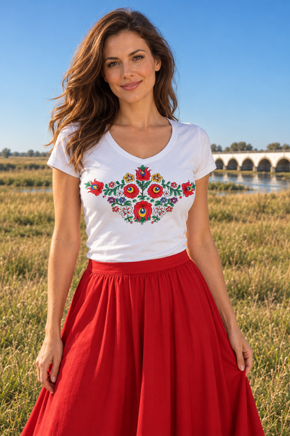Hand-painted Matyó floral women’s shirt at the Nine-Hole Bridge