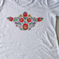 White women’s V-neck shirt with hand-painted wide Matyó floral design