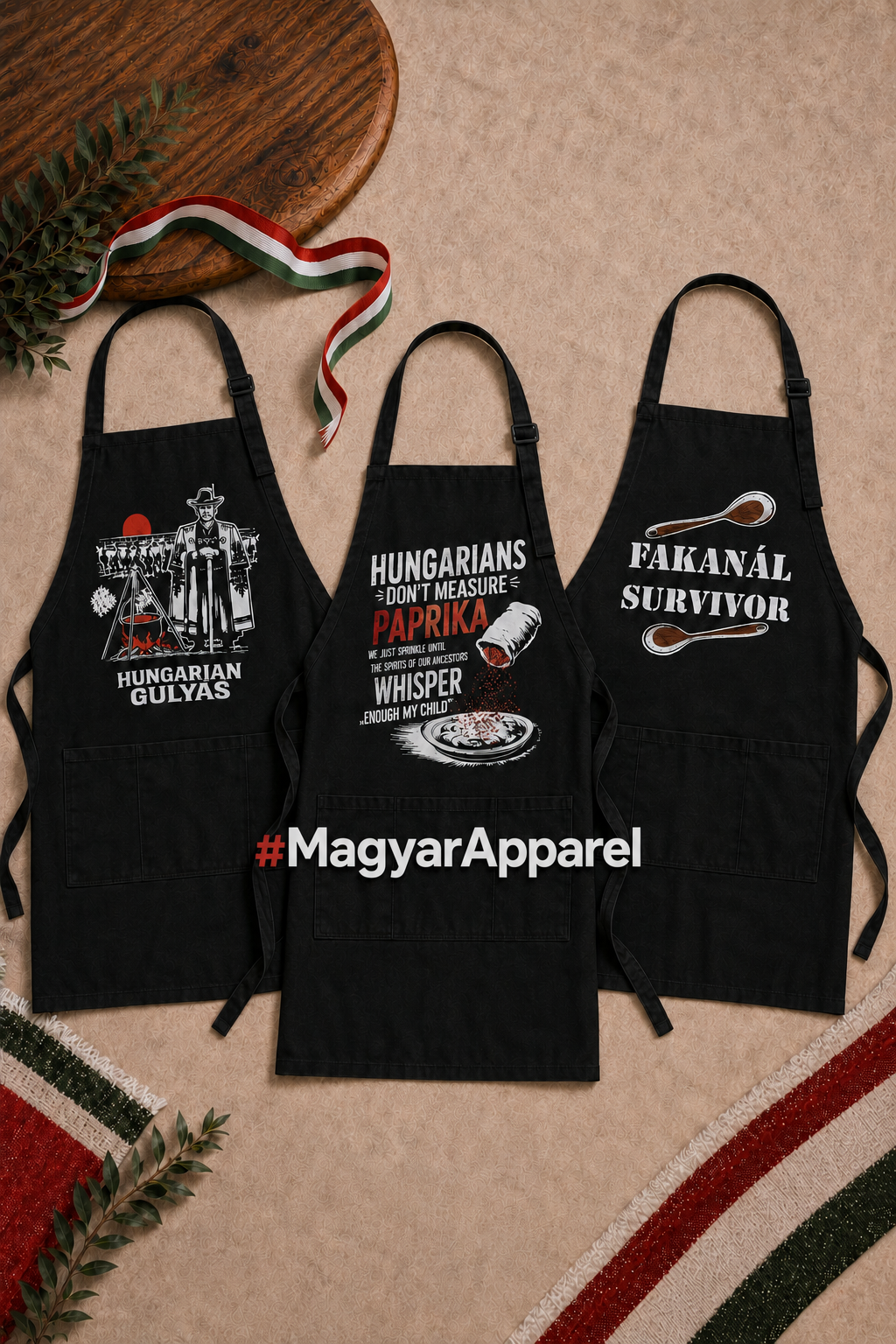 Hungarian Aprons Superpack with Gulyas, Paprika, and Fakanal Survivor aprons and clean #MagyarApparel branding