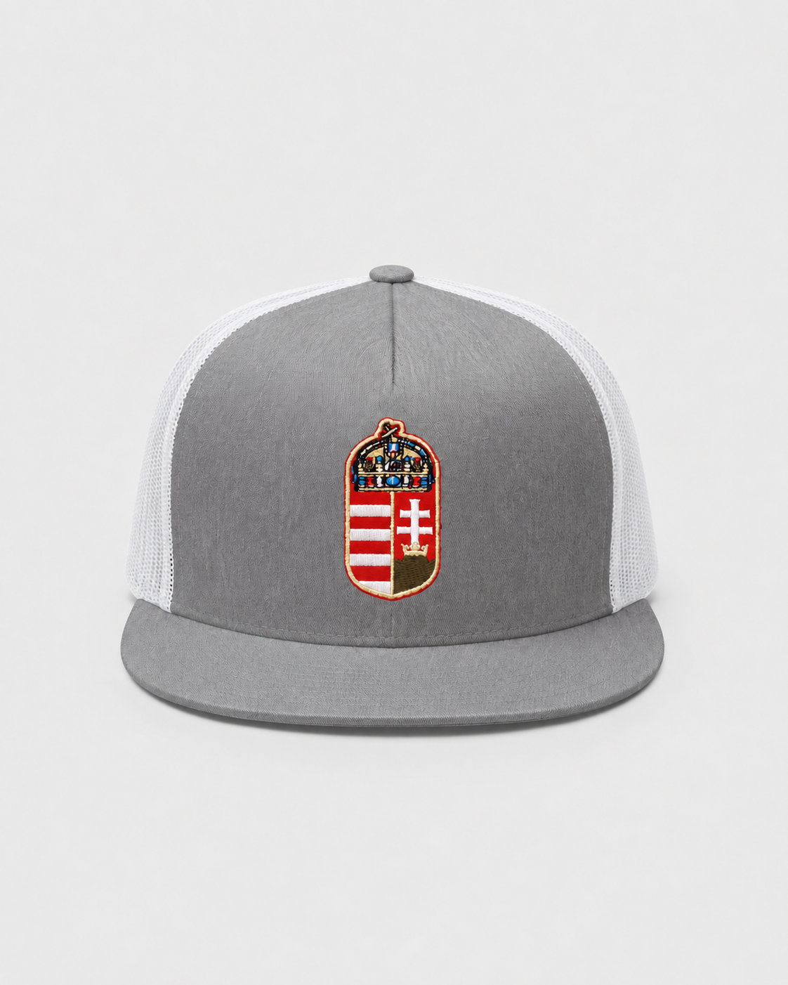 Gray and white Hungarian coat of arms embroidered trucker hat