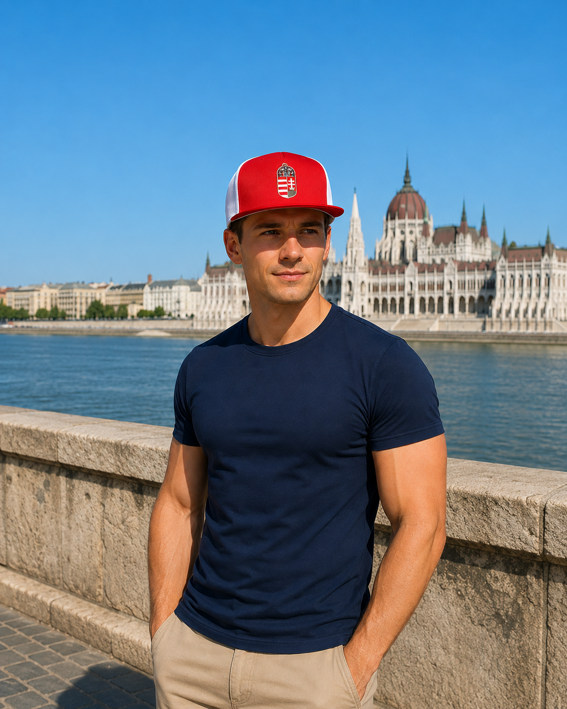 Male model wearing red Hungarian coat of arms trucker hat in Budapest