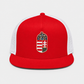Red and white Hungarian coat of arms embroidered trucker hat