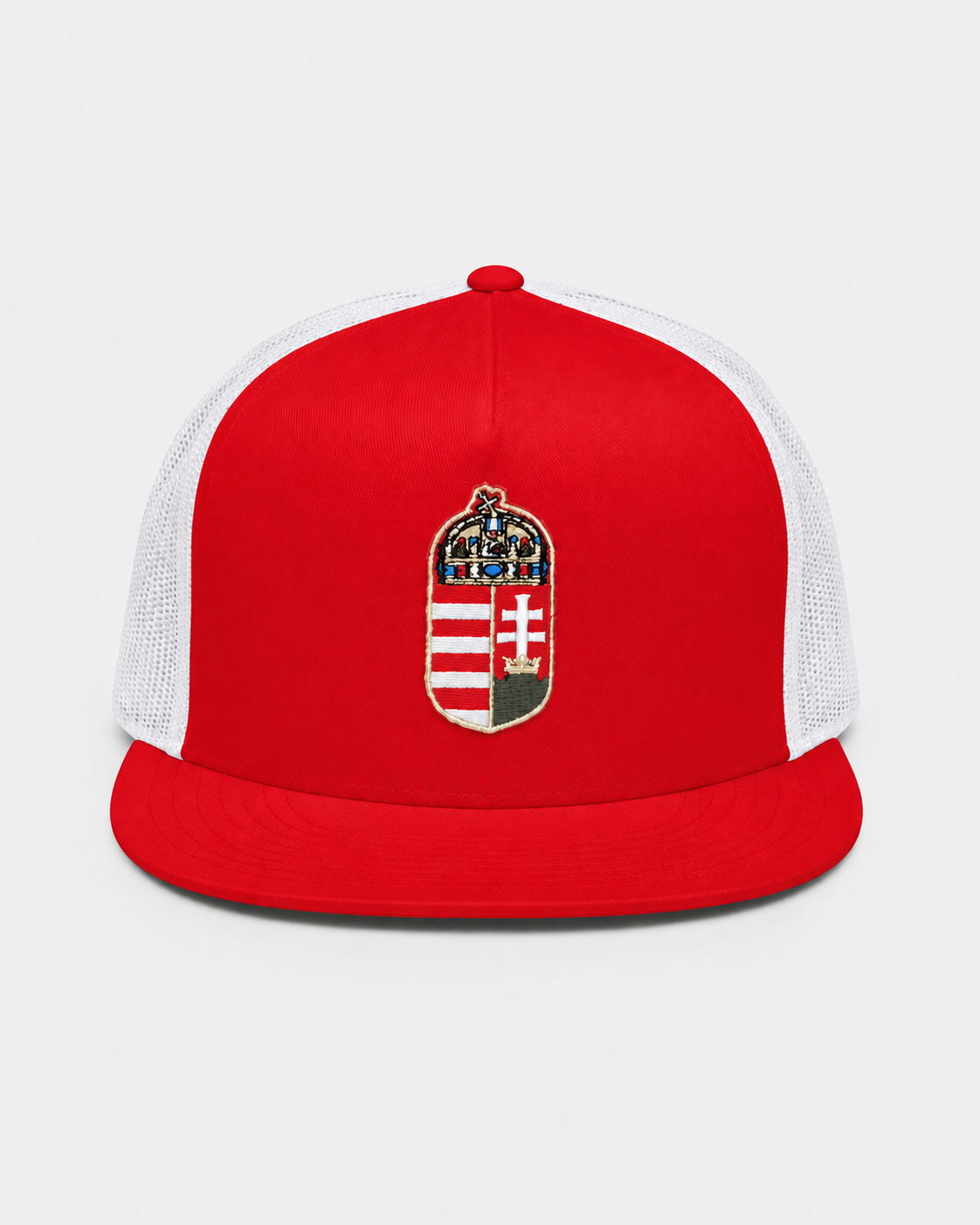Red and white Hungarian coat of arms embroidered trucker hat