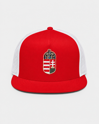 Red and white Hungarian coat of arms embroidered trucker hat