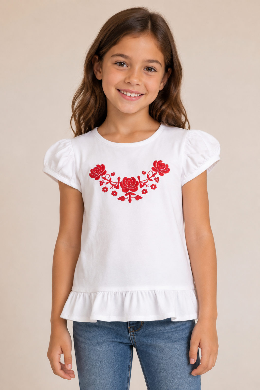 Girl modeling the white Hungarian Matyó ruffle top with red floral embroidery