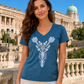 Woman wearing Kalotaszeg Organic Tee at Buda Castle in Budapest