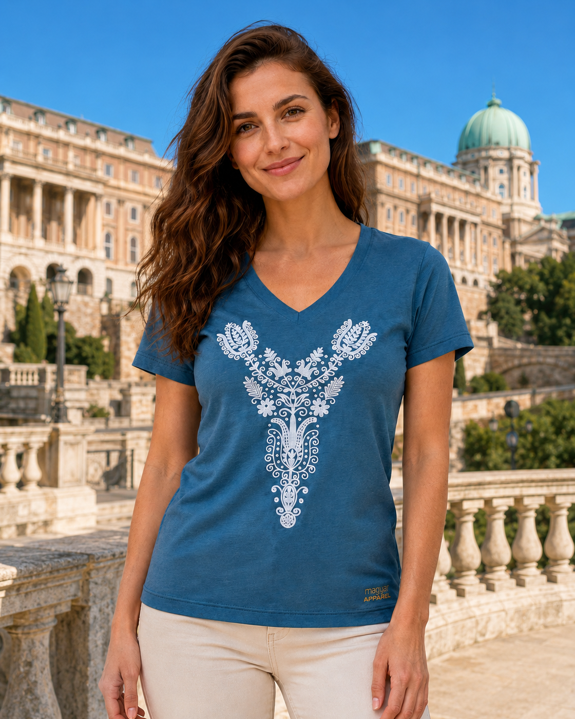 Woman wearing Kalotaszeg Organic Tee at Buda Castle in Budapest
