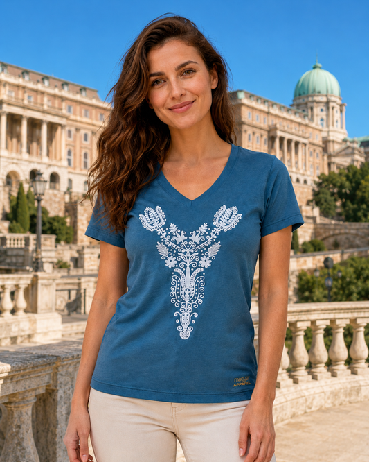 Woman wearing Kalotaszeg Organic Tee at Buda Castle in Budapest