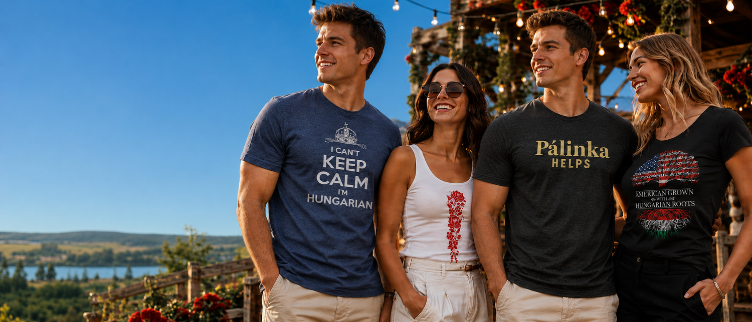 Magyar Apparel models wearing Hungarian graphic shirts under clear blue sky