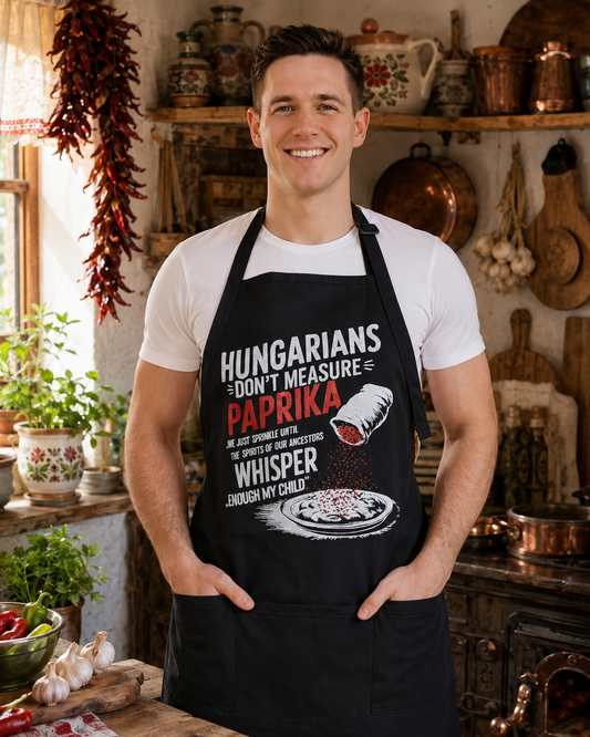 Fit clean-shaven Hungarian man wearing the Paprika apron in a rustic Hungarian kitchen