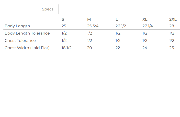 Relaxed tshirt sizing chart